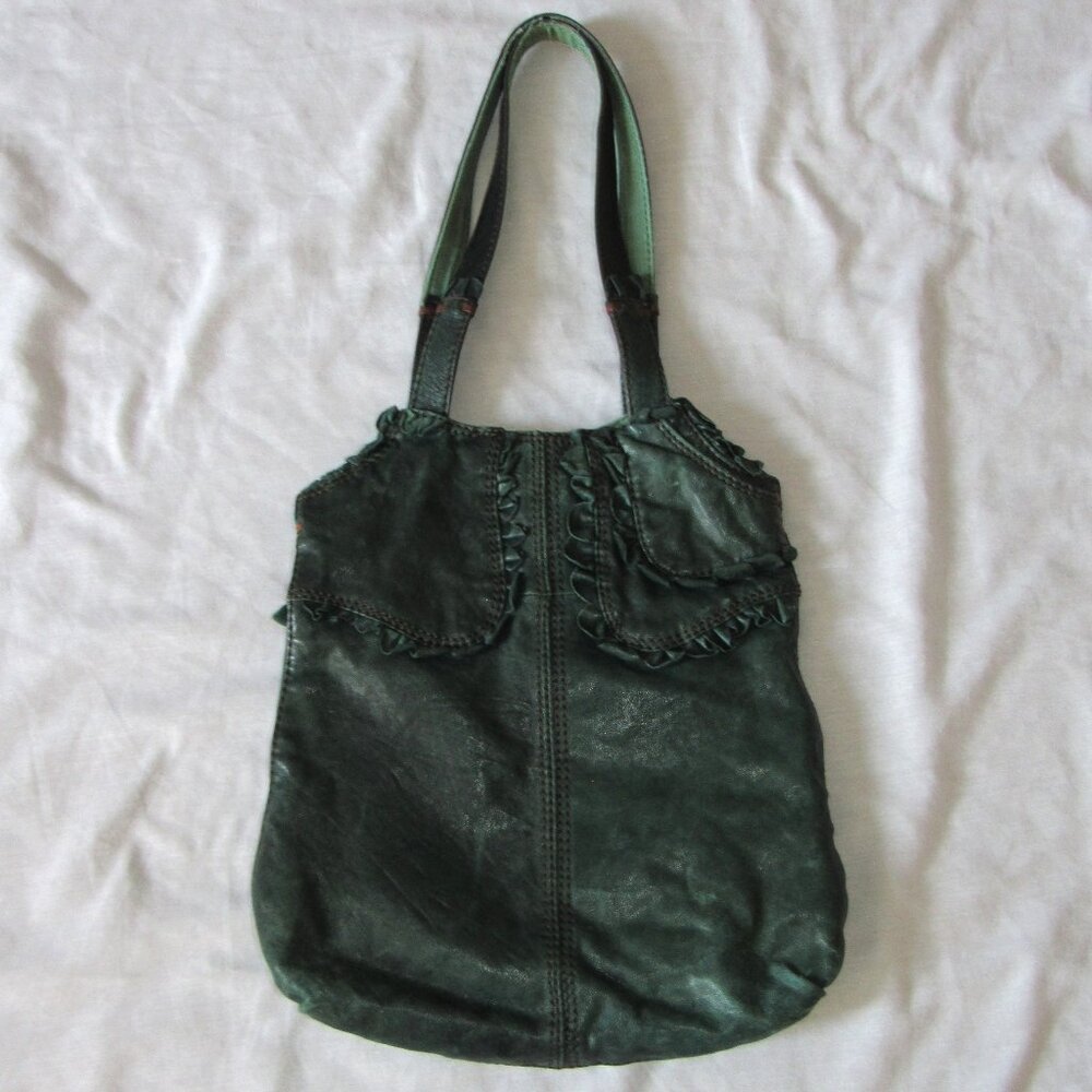 Vtg Lucky Brand Y2K Rocken Ruffles Distressed Leather Shoulder Bag Purse Green - Picture 2 of 6